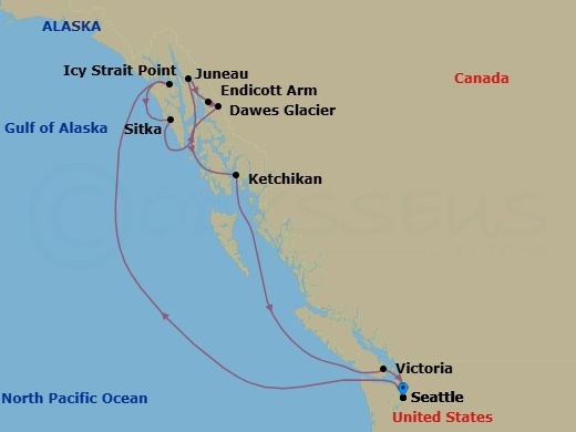 Route map: Seattle, Wa → Icy Strait Point, Ak → Sitka, Ak → Cruise Hubbard Glacier, Ak → Juneau, Ak → Endicott Arm   Dawes Glacier → Ketchikan (Ward Cove), Ak → Victoria  Bc  Canada → Seattle, Wa