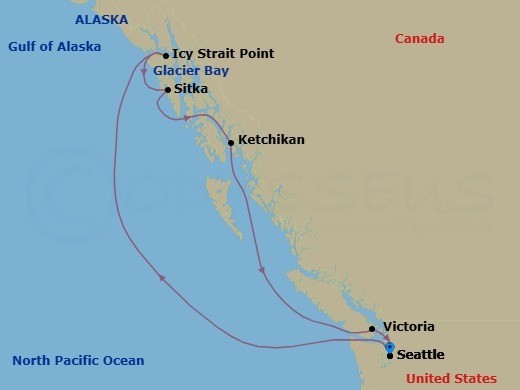 Route map: Seattle, Wa → Icy Strait Point, Ak → Cruise Glacier Bay, Ak → Sitka, Ak → Ketchikan (Ward Cove), Ak → Victoria  Bc  Canada → Seattle, Wa