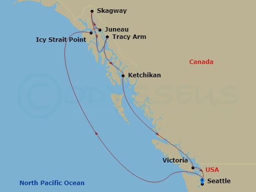 Route map: Seattle, Wa → Icy Strait Point, Ak → Juneau, Ak → Skagway, Ak → Cruise Tracy Arm Fjord → Ketchikan, Ak → Victoria, Bc, Canada → Seattle, Wa