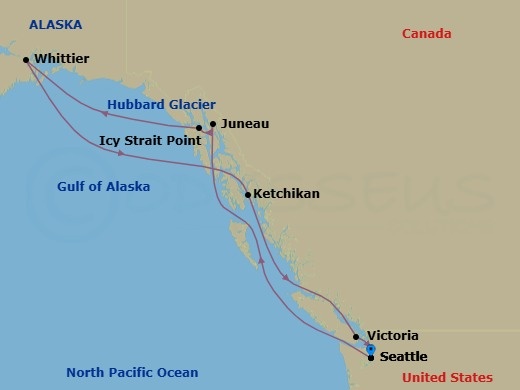 Route map: Seattle → Juneau → Icy Strait Point → Hubbard Glacier → Whittier → Ketchikan → Victoria → Seattle