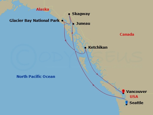 Route map: Seattle, Washington → Juneau, Alaska → Skagway, Alaska → Ketchikan, Alaska → Vancouver, Canada