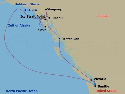Route map: Seattle, Wa → Juneau, Ak → Skagway, Ak → Sitka, Ak → Cruise Hubbard Glacier, Ak → Icy Strait Point, Ak → Ketchikan (Ward Cove), Ak → Victoria  Bc  Canada → Seattle, Wa