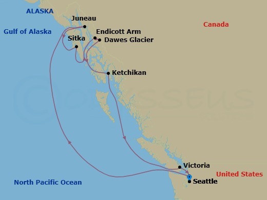 Route map: Seattle, Wa → Juneau, Ak → Sitka, Ak → Endicott Arm   Dawes Glacier → Ketchikan (Ward Cove), Ak → Victoria  Bc  Canada → Seattle, Wa