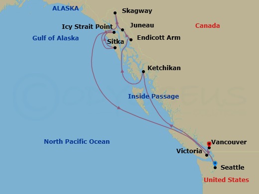 Route map: Seattle → Ketchikan → Endicott Arm → Juneau → Skagway → Sitka → Icy Strait Point → Inside Passage → Victoria → Vancouver