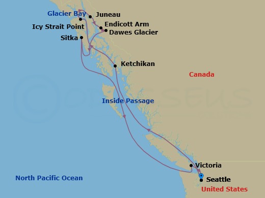 Route map: Seattle, Wa → Ketchikan (Ward Cove), Ak → Icy Strait Point, Ak → Cruise Glacier Bay, Ak → Juneau, Ak → Endicott Arm   Dawes Glacier → Sitka, Ak → Victoria  Bc  Canada → Seattle, Wa