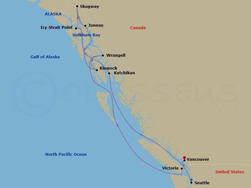 Route map: Seattle → Ketchikan → Icy Strait Point (Hoonah) → Skagway → Juneau → Klawock → Wrangell → Victoria → Vancouver