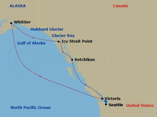 Route map: Seattle → Ketchikan → Icy Strait Point → Haines, AK, USA → Hubbard Glacier → Whittier → Victoria → Seattle