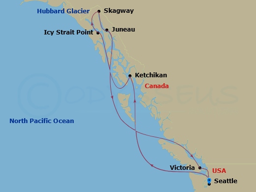Route map: Seattle, Wa → Ketchikan (Ward Cove), Ak → Icy Strait Point, Ak → Cruise Glacier Bay, Ak → Skagway, Ak → Juneau, Ak → Victoria  Bc  Canada → Seattle, Wa