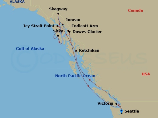 Route map: Seattle, Wa → Ketchikan (Ward Cove), Ak → Icy Strait Point, Ak → Sitka, Ak → Skagway, Ak → Juneau, Ak → Endicott Arm   Dawes Glacier → Victoria  Bc  Canada → Seattle, Wa
