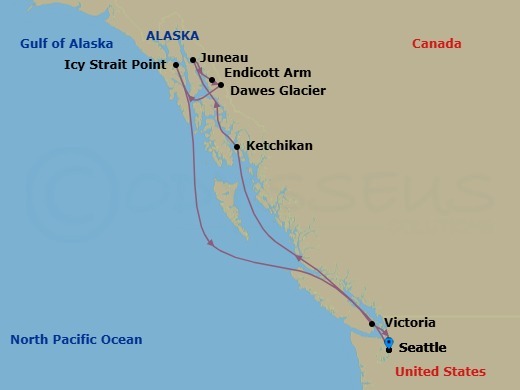 Route map: Seattle, Wa → Ketchikan (Ward Cove), Ak → Juneau, Ak → Endicott Arm   Dawes Glacier → Icy Strait Point, Ak → Victoria  Bc  Canada → Seattle, Wa