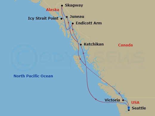Route map: Seattle, Wa → Sitka, Ak → Juneau, Ak → Skagway, Ak → Cruise Glacier Bay, Ak → Ketchikan (Ward Cove), Ak → Victoria  Bc  Canada → Seattle, Wa