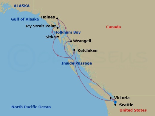 Route map: Seattle → Ketchikan → Sitka → Icy Strait Point (Hoonah) → Haines → Wrangell → Victoria → Seattle