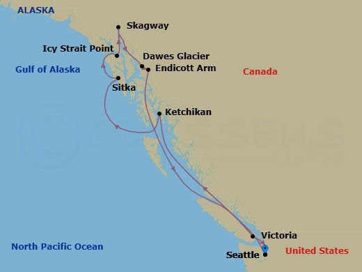 Route map: Seattle, Wa → Ketchikan (Ward Cove), Ak → Sitka, Ak → Icy Strait Point, Ak → Skagway, Ak → Endicott Arm   Dawes Glacier → Victoria  Bc  Canada → Seattle, Wa