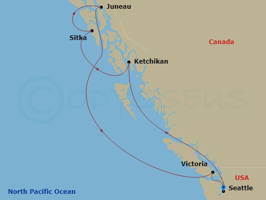 Route map: Seattle → Ketchikan → Sitka → Juneau → Victoria → Seattle