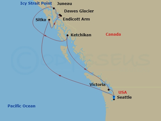 Route map: At Hotel → Seattle, Wa → Sitka, Ak → Endicott Arm   Dawes Glacier → Juneau, Ak → Icy Strait Point, Ak → Ketchikan (Ward Cove), Ak → Victoria  Bc  Canada → Seattle, Wa