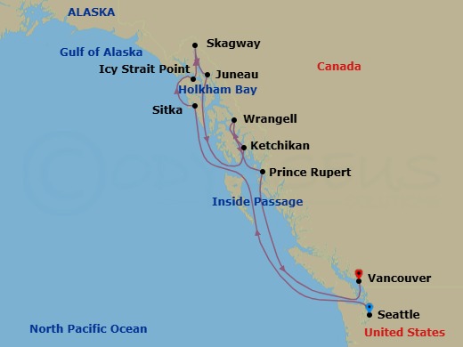 Route map: Seattle → Sitka → Icy Strait Point (Hoonah) → Skagway → Juneau → Holkham Bay Glacier Fjords → Ketchikan → Wrangell → Prince Rupert → Vancouver