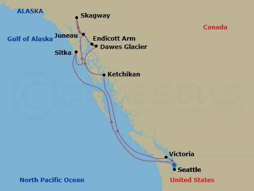 Route map: Seattle, Wa → Sitka, Ak → Juneau, Ak → Skagway, Ak → Endicott Arm   Dawes Glacier → Ketchikan (Ward Cove), Ak → Victoria  Bc  Canada → Seattle, Wa