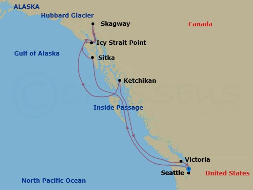Route map: Seattle → Sitka → Skagway → Haines, AK, USA → Icy Strait Point → Ketchikan → Victoria → Seattle