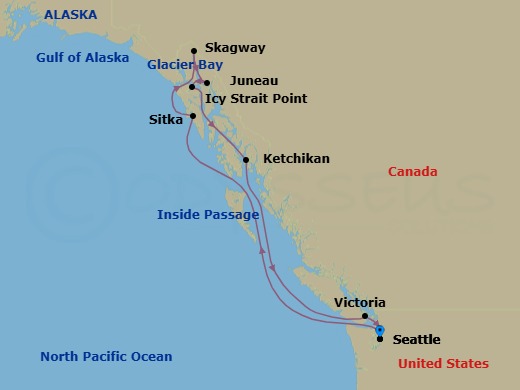 Route map: Seattle, Wa → Sitka, Ak → Skagway, Ak → Cruise Glacier Bay, Ak → Juneau, Ak → Icy Strait Point, Ak → Ketchikan (Ward Cove), Ak → Victoria  Bc  Canada → Seattle, Wa
