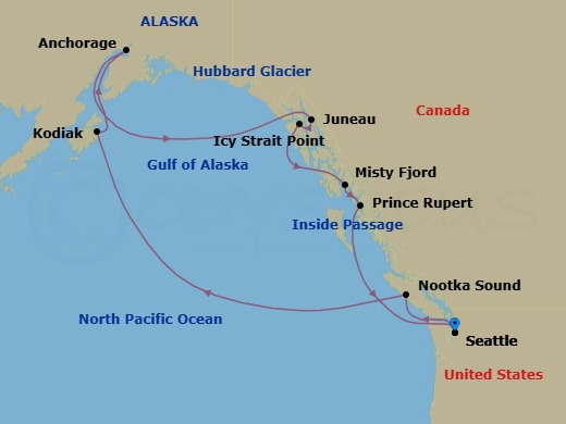 Route map: Seattle → Kodiak, Alaska, US → Kodiak → Anchorage → Hubbard Glacier → Juneau → Icy Strait Point → Misty Fjord → Prince Rupert → Seattle