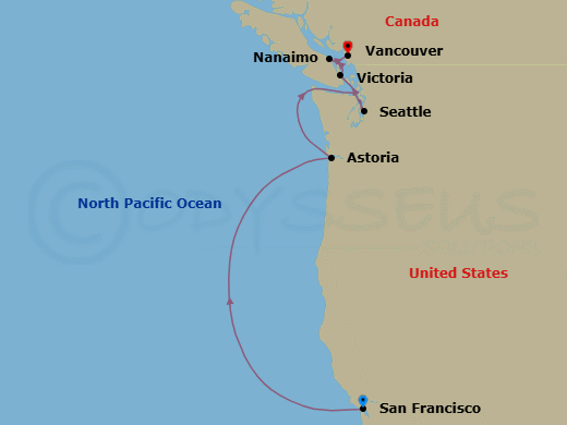 Route map: San Francisco → Astoria → Seattle → Victoria → Nanaimo → Vancouver