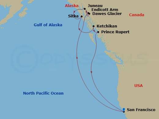 Route map: San Francisco, California → Juneau, Alaska → Sitka, Alaska → Ketchikan, Alaska → Prince Rupert, British Columbia, Canada → San Francisco, California