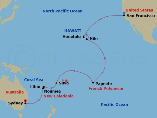 Route map: SAN FRANCISCO → HONOLULU → ITO (HILO) → Papeete (Tahiti) → Suva → Lifou (Loyalty Islands) → NOUMEA → Sydney