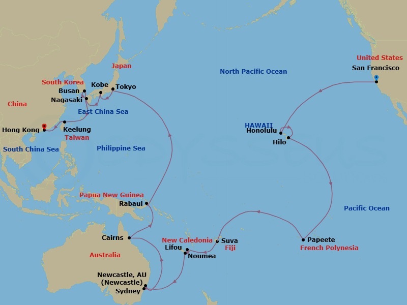 Route map: SAN FRANCISCO → HONOLULU → ITO (HILO) → Papeete (Tahiti) → Suva → Lifou (Loyalty Islands) → NOUMEA → Sydney → Newcastle (New South Wales) → Cairns