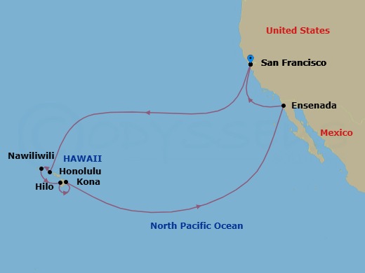 Route map: San Francisco, California → Honolulu, Hawaii → Kauai (Nawiliwili), Hawaii → Kona, Hawaii → Hilo, Hawaii → Ensenada, Mexico → San Francisco, California