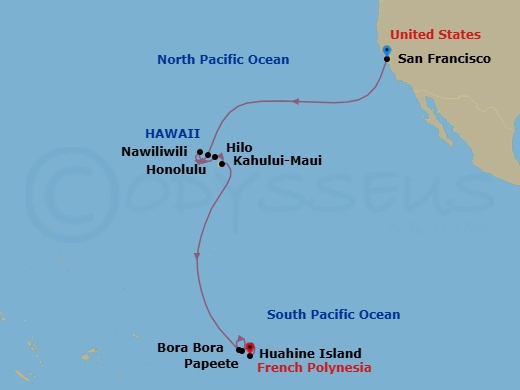 Route map: San Francisco → Honolulu → Nawiliwili → Kahului → Hilo → Bora Bora → Huahine → Papeete (Tahiti)