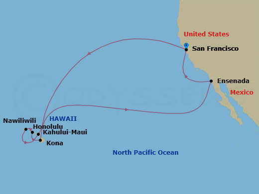 Route map: San Francisco, California → Kona, Hawaii → Honolulu, Hawaii → Kauai (Nawiliwili), Hawaii → Kahului, Hawaii → Ensenada, Mexico → San Francisco, California