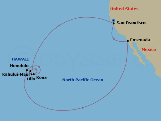 Route map: San Francisco, California → Kona, Hawaii → Kahului, Hawaii → Hilo, Hawaii → Honolulu, Hawaii → Ensenada, Mexico → San Francisco, California