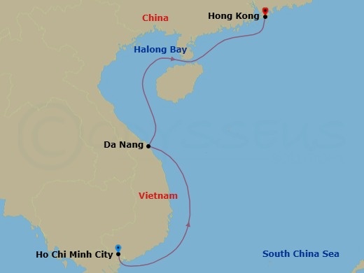 Route map: Ho Chi Minh City → Hue (Da Nang) → Ha Long Bay → Hong Kong