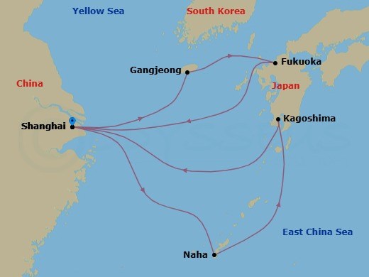 Route map: Shanghai → Gangjeong/Jeju Island Republic of Korea → Fukuoka → Shanghai → Naha → Kagoshima → Shanghai