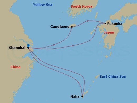 Route map: Shanghai → Gangjeong/Jeju Island Republic of Korea → Fukuoka → Shanghai → Naha → Shanghai