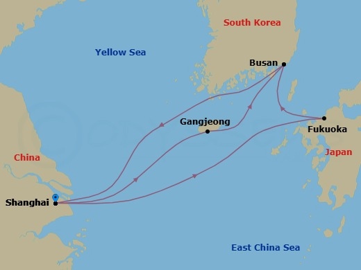 Route map: Shanghai China → Gangjeong/Jeju Island Republic of Korea → Busan Korea Republic of → Shanghai China → Fukuoka (Hakata) Japan → Busan Korea Republic of → Shanghai China