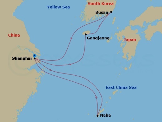 Route map: Shanghai China → Gangjeong/Jeju Island Republic of Korea → Busan Korea Republic of → Shanghai China → Naha (Okinawa) Japan → Shanghai China