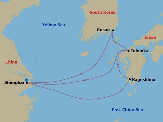 Route map: Shanghai → Kagoshima → Fukuoka → Shanghai → Busan → Fukuoka → Shanghai