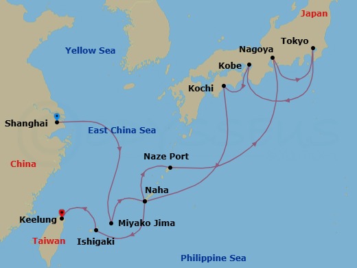 Route map: Shanghai → Miyako Jima → Naha Port_Name,Okinawa → Naze (Amami Islands) → Nagoya, Aichi → Tokyo → Kobe → Kochi → Naha Port_Name,Okinawa → Ishigaki Island