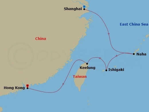 Route map: Shanghai → Naha, Okinawa → Ishigaki → Taipei (Keelung) → Hong Kong