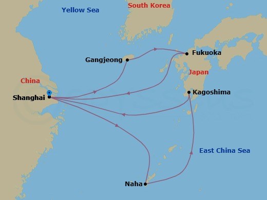 Route map: Shanghai → Naha → Kagoshima → Shanghai → Gangjeong/Jeju Island Republic of Korea → Fukuoka → Shanghai