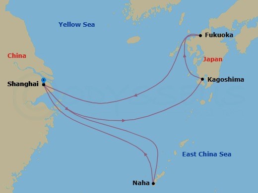 Route map: Shanghai → Naha → Shanghai → Kagoshima → Fukuoka → Shanghai