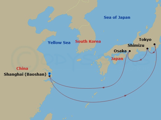 Route map: Shanghai (Baoshan), China → Tokyo, Japan → Mt Fuji (Shimizu), Japan → Osaka, Japan → Shanghai (Baoshan), China