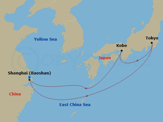 Route map: Shanghai (Baoshan), China → Kobe, Japan → Tokyo, Japan → Shanghai (Baoshan), China