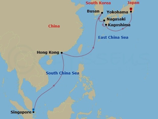 Route map: Singapore → Hong Kong → Busan → Nagasaki → Kagoshima → Yokohama