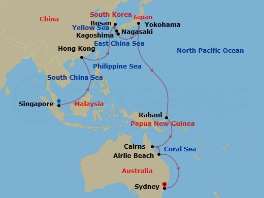 Route map: Singapore → Hong Kong, China → Busan, South Korea → Nagasaki, Japan → Kagoshima, Japan → Yokohama (tours to Tokyo), Japan → Rabaul, Papua New Guinea → Cairns, QLD, Australia → Airlie Beach, QLD, Australia → Sydney, NSW, Australia