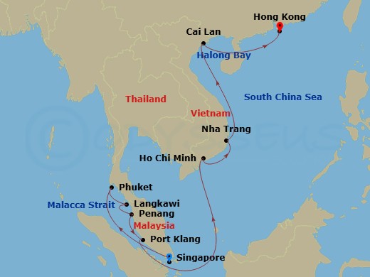 Route map: Singapore → Phuket, Thailand → Langkawi, Malaysia → Penang, Malaysia → Kuala Lumpur (Port Kelang), Malaysia → Ho Chi Minh City (Phu My), Vietnam → Cam Ranh (Nha Trang), Vietnam → Halong Bay/Hanoi (Cai Lan), Vietnam → Hong Kong