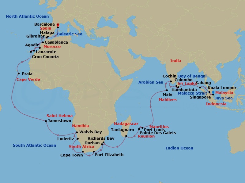 Route map: Singapore → Kuala Lumpur → Sabang → Hambantota → Colombo → Cochin → Male → Port Louis → Pointe Des Galets → Taolagnaro