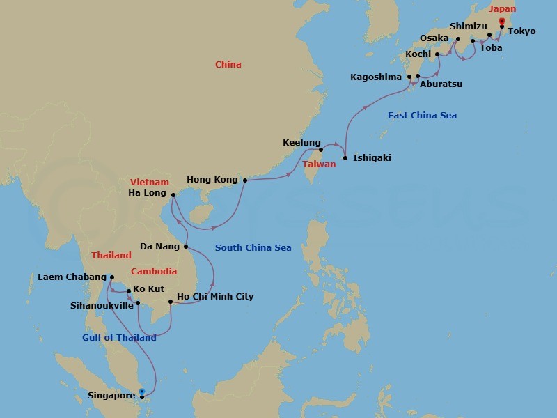 Route map: Singapore → Laem Chabang (Bangkok), Thailand → Ko Kood, Thailand → Sihanoukville, Cambodia → Ho Chi Minh City (Saigon), Vietnam → Da Nang (Hue), Vietnam → Halong Bay, Vietnam → Hong Kong, China → Keelung (Taipei), Taiwan → Ishigaki Island, Japan