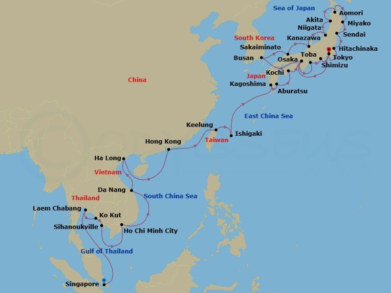 Route map: Singapore → Laem Chabang (Bangkok), Thailand → Ko Kood, Thailand → Sihanoukville, Cambodia → Ho Chi Minh City (Saigon), Vietnam → Da Nang (Hue), Vietnam → Halong Bay, Vietnam → Hong Kong, China → Keelung (Taipei), Taiwan → Ishigaki Island, Japan